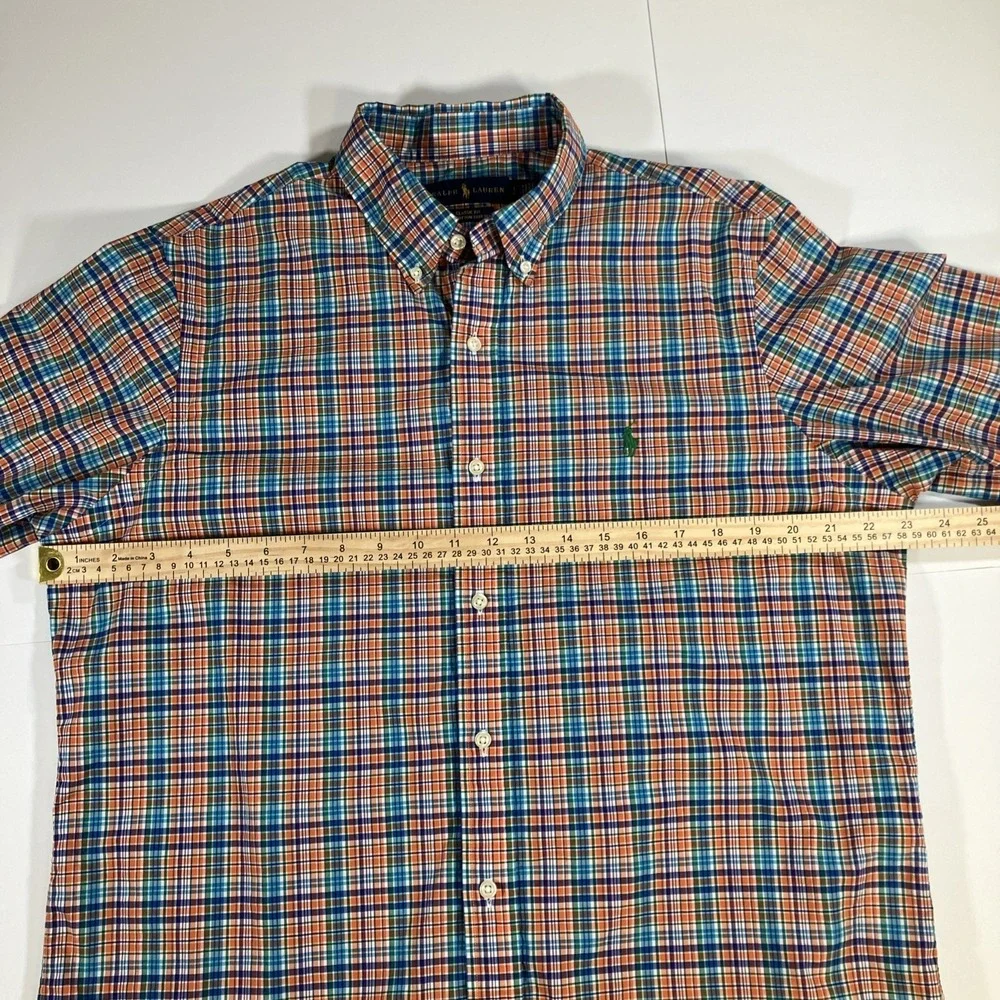 Polo Ralph Lauren Shirt Mens L Orange Blue Plaid Button Down Cotton Stretch Pony
